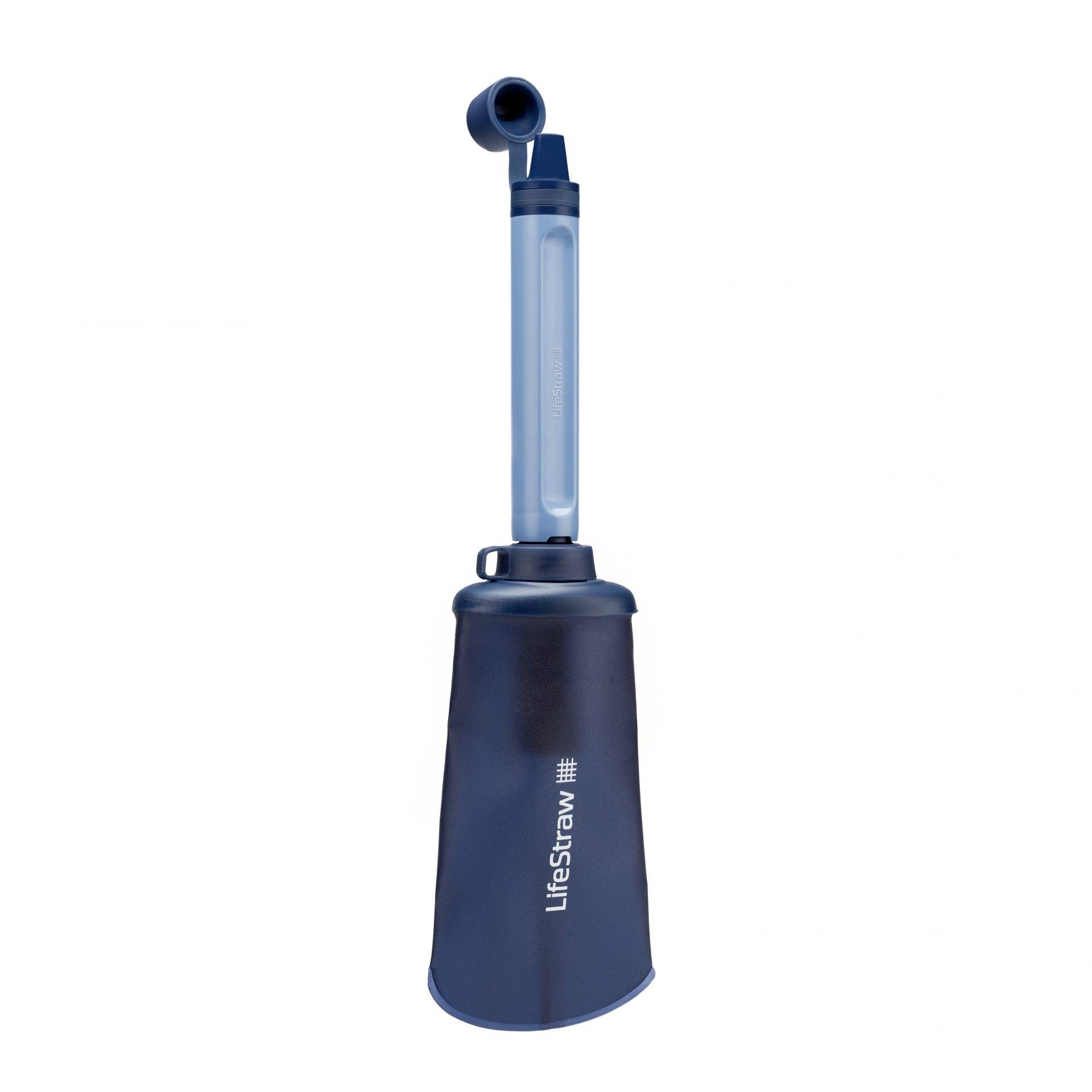 Un filtre à eau bleu avec tube de boisson de LifeStraw, adapté aux activités de plein air et aux situations d'urgence, sur fond blanc.