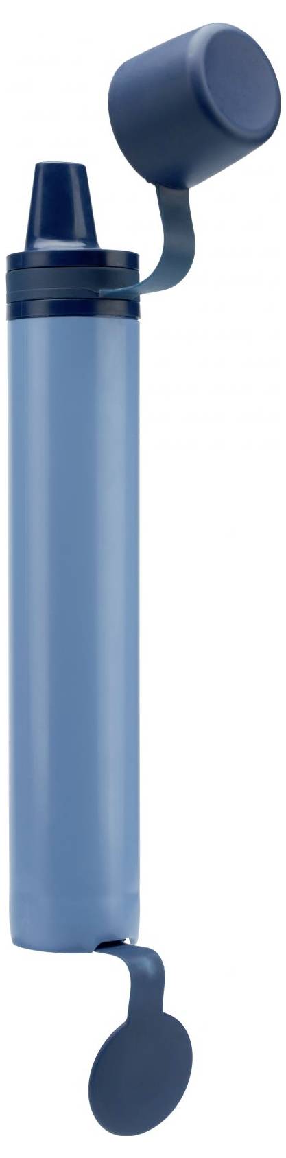 Un filtre à eau bleu de forme cylindrique avec un couvercle amovible en haut et en bas. Adapté pour la filtration de l'eau en extérieur.