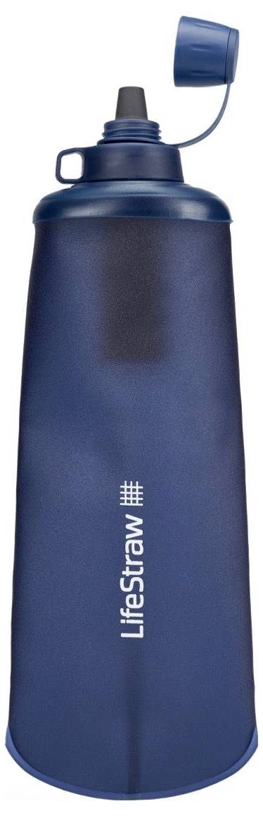 Bouteille d'eau bleu foncé avec couvercle amovible, marquée 'LifeStraw'.