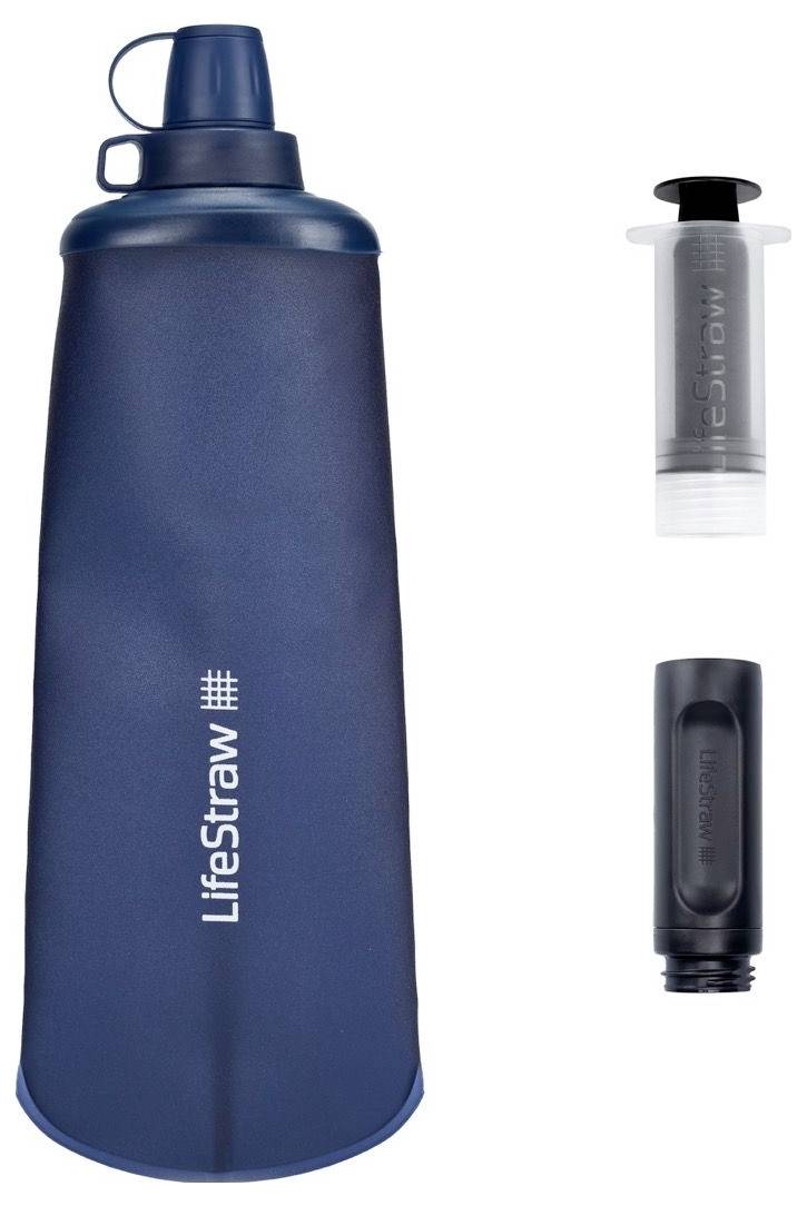 Ensemble de filtration d'eau bleu de LifeStraw comprenant une bouteille et des cartouches de filtration, conçu pour fournir de l'eau potable propre lors de vos déplacements.