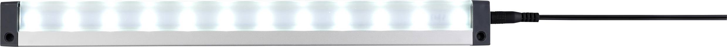 Une barre lumineuse LED rectangulaire avec un câble noir attaché sur le côté droit, affichant une lueur uniforme sur toute sa surface.