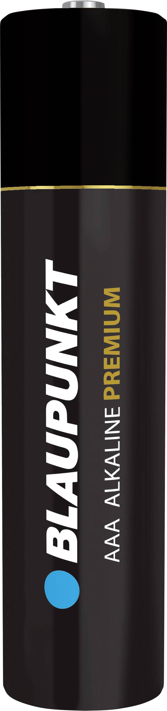 Une pile AAA noire portant l'inscription « BLAUPUNKT AAA ALKALINE PREMIUM » et un logo avec un point bleu.