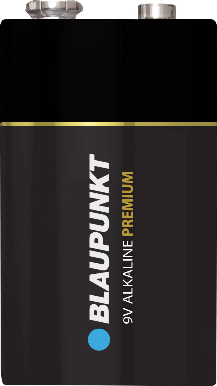 Batterie alcaline 9V Premium de Blaupunkt, boîtier noir avec logo de marque et texte en bleu et jaune sur la face avant.