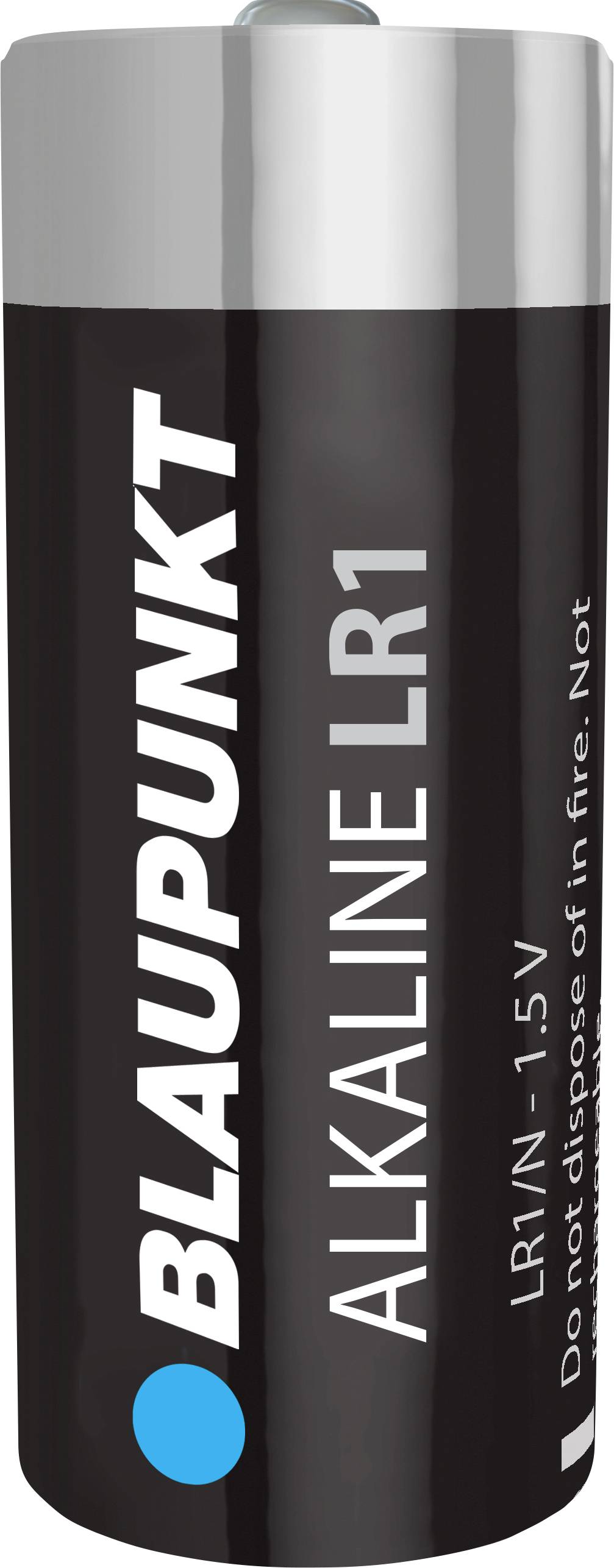 Pile noire portant l'inscription « BLAUPUNKT ALKALINE LR1, LR1/N - 1,5V ».