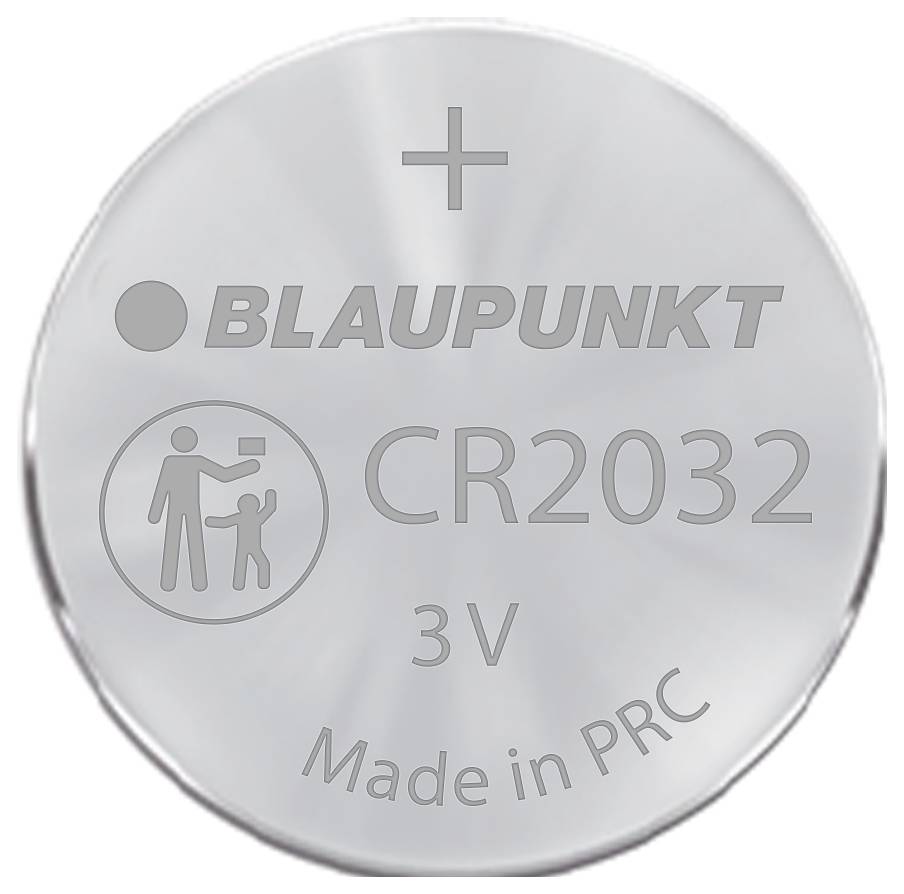 'Pile Blaupunkt CR2032, 3V, Fabriquée en RPC, avec symbole d'avertissement pour les jeunes enfants.'