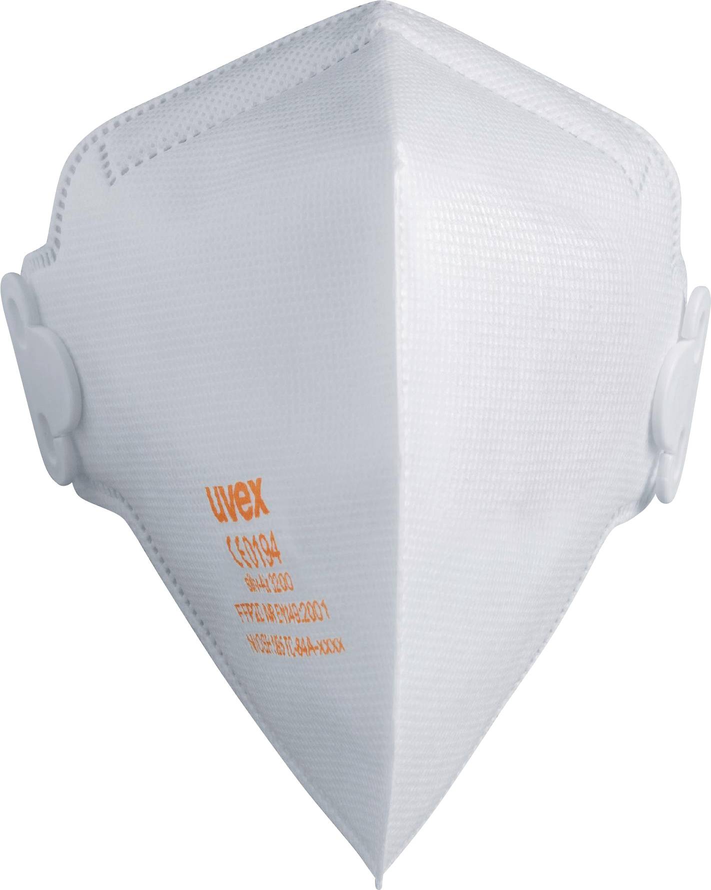 L'illustration montre un masque de protection respiratoire blanc. Sur le côté gauche est imprimé le logo de la marque avec son numéro de certification.