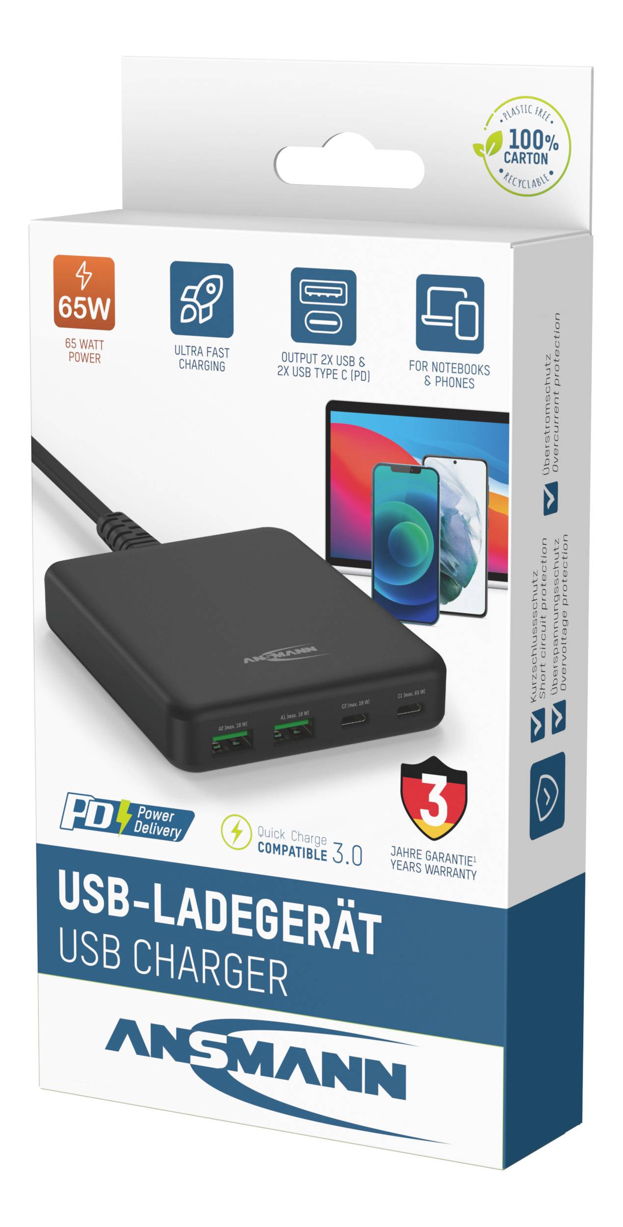 Ansmann Desktop Ladegerät DC465PD 65W Chargeur USB 65 W 2x USB-A, 2x USB-C® Power Delivery noir intérieure