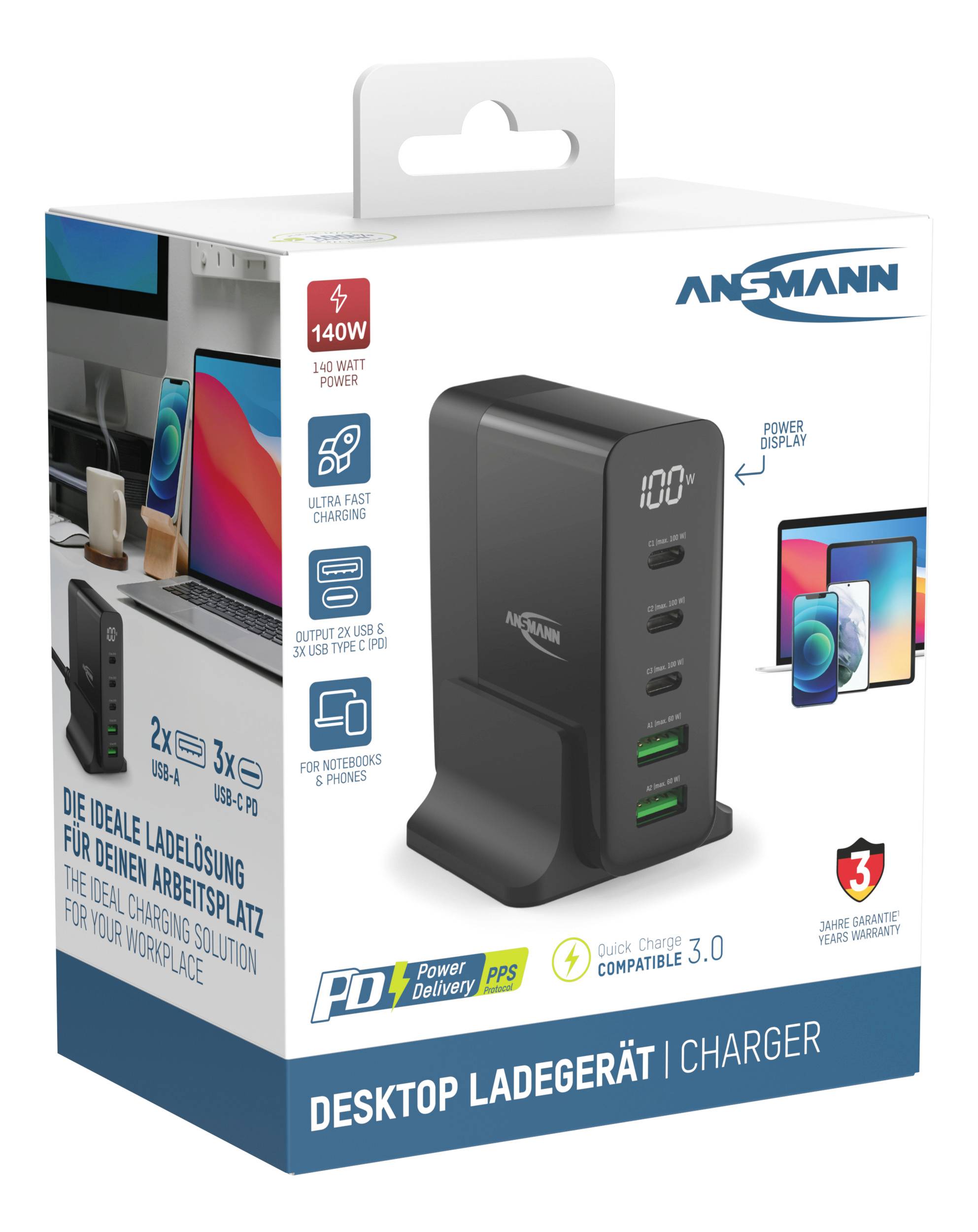 Ansmann Desktop Ladegerät mit Display DC5140PD 140W Chargeur USB 140 W 2x USB-A, 3x USB-C® Power Delivery noir intérieure