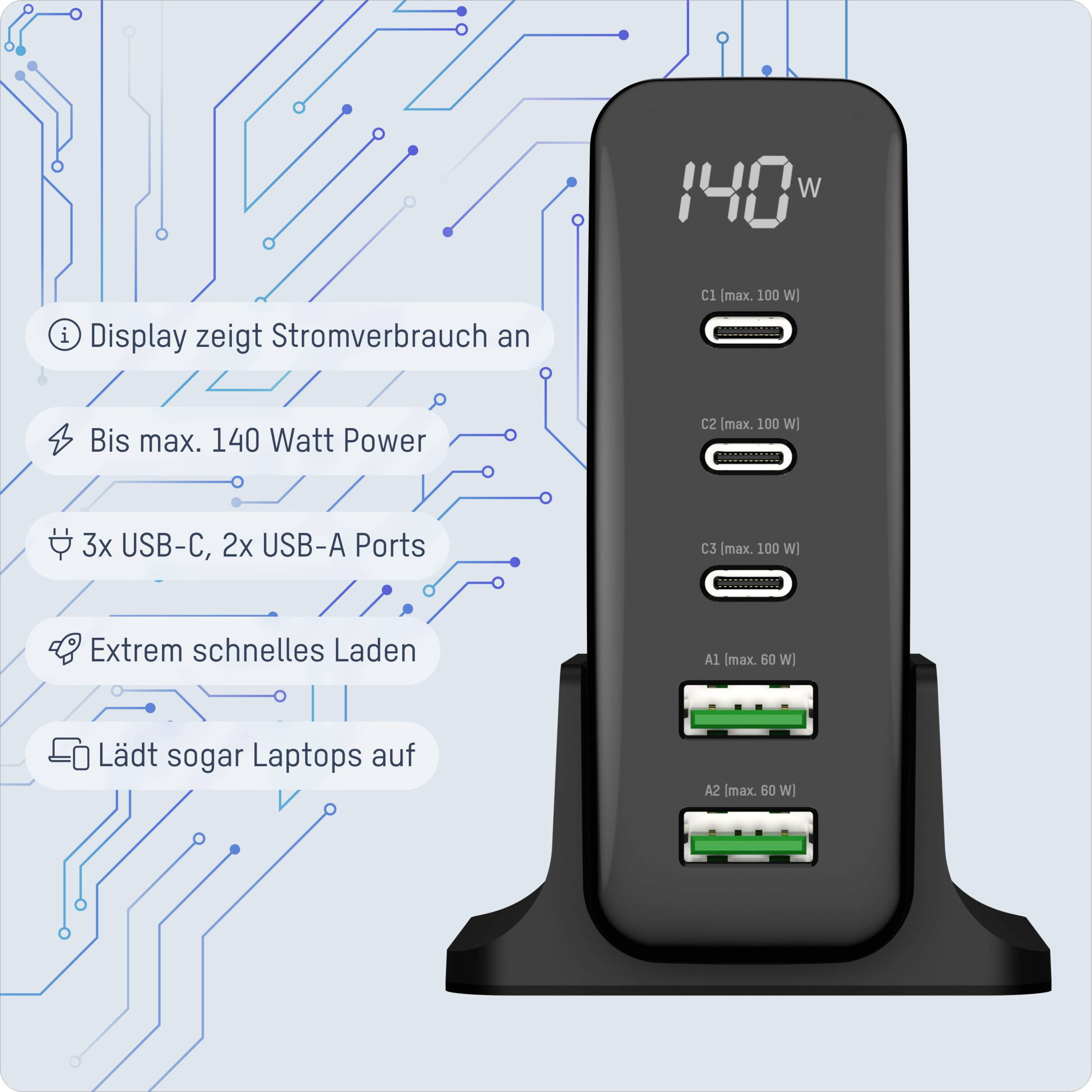 Ansmann Desktop Ladegerät mit Display DC5140PD 140W Chargeur USB 140 W 2x USB-A, 3x USB-C® Power Delivery noir intérieure