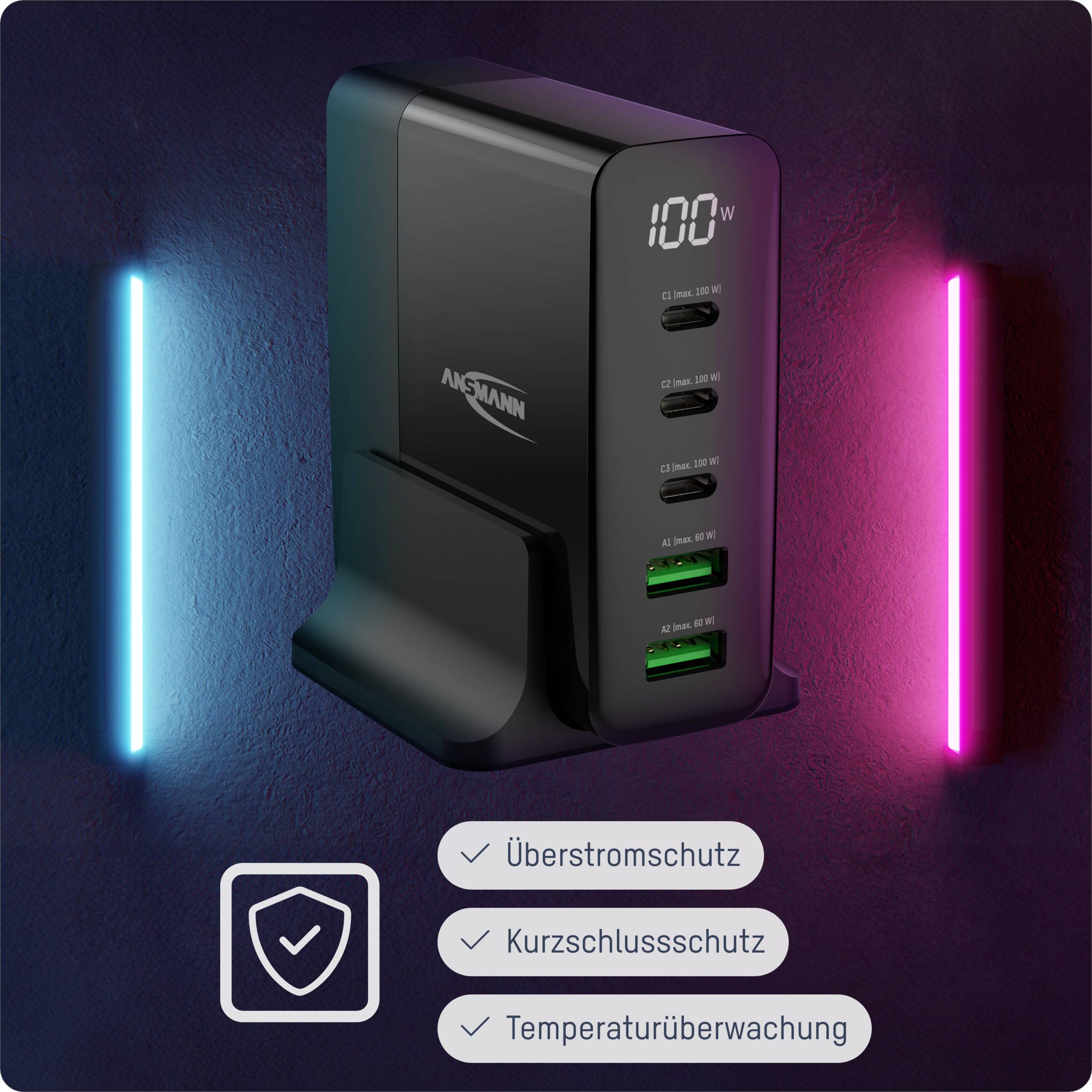 Ansmann Desktop Ladegerät mit Display DC5140PD 140W Chargeur USB 140 W 2x USB-A, 3x USB-C® Power Delivery noir intérieure