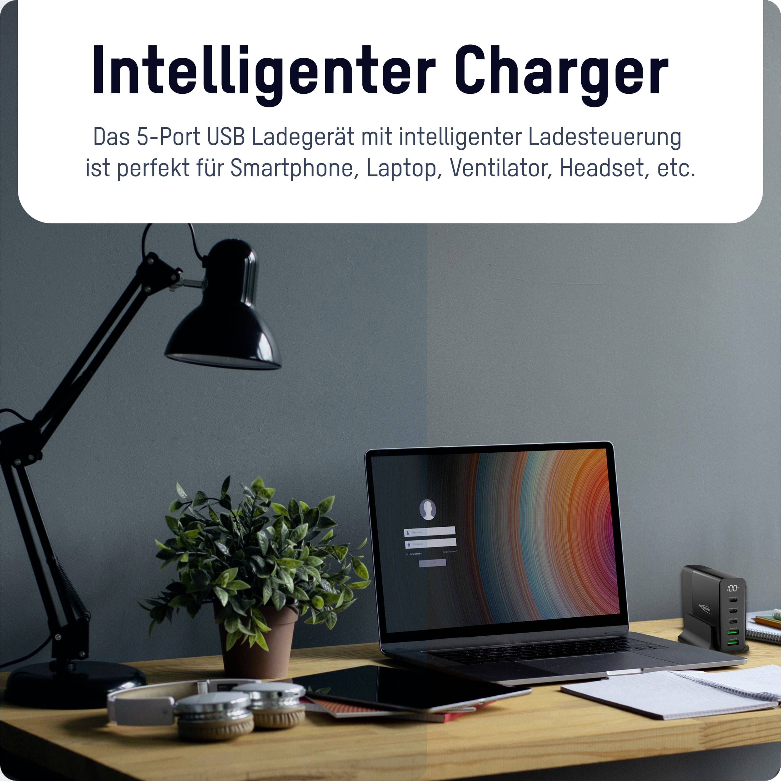 Ansmann Desktop Ladegerät mit Display DC5140PD 140W Chargeur USB 140 W 2x USB-A, 3x USB-C® Power Delivery noir intérieure