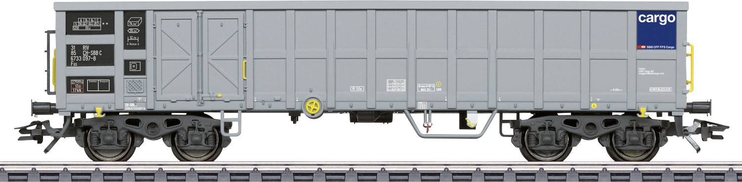 Wagon de marchandises gris avec le logo 'cargo' sur le côté, stationné sur des voies ferrées.