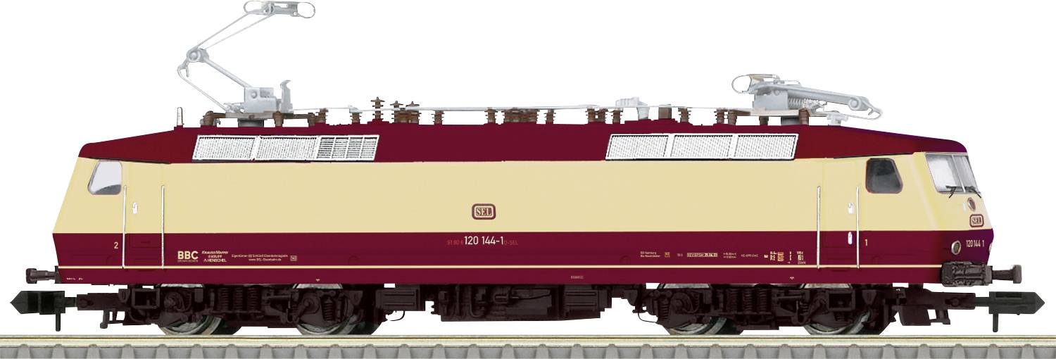 Un modèle d'une locomotive électrique allemande en peinture beige et rouge, vue de côté.