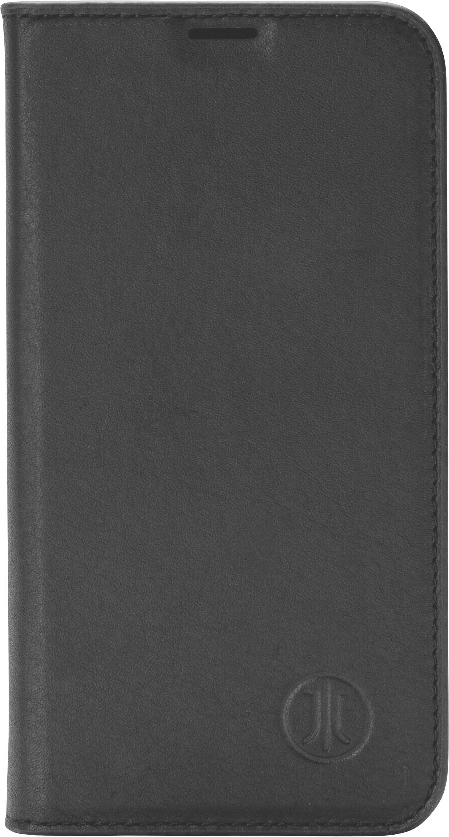 Étui de téléphone en cuir noir avec un petit logo rond sur la face avant.