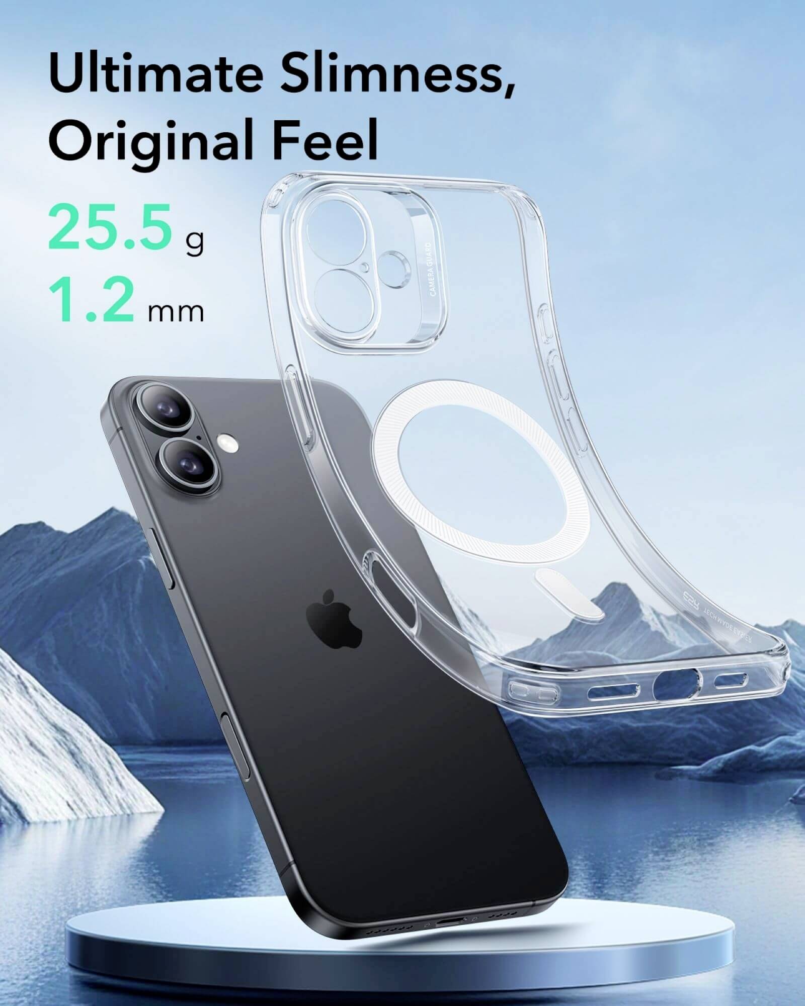 L'image montre un modèle de coque de téléphone transparente soulevée pour un smartphone. Texte : 'Minceur Ultime, Sensation Originale', '25,5 g', '1,2 mm'. Arrière-plan : Paysage de montagne.