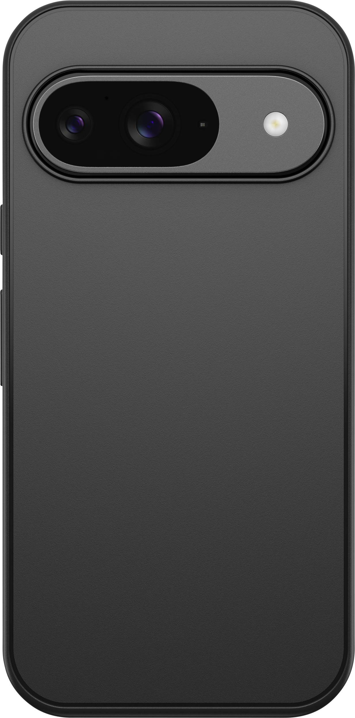 Dos de smartphone avec une coque noire ; deux objectifs d'appareil photo et un flash sont visibles.