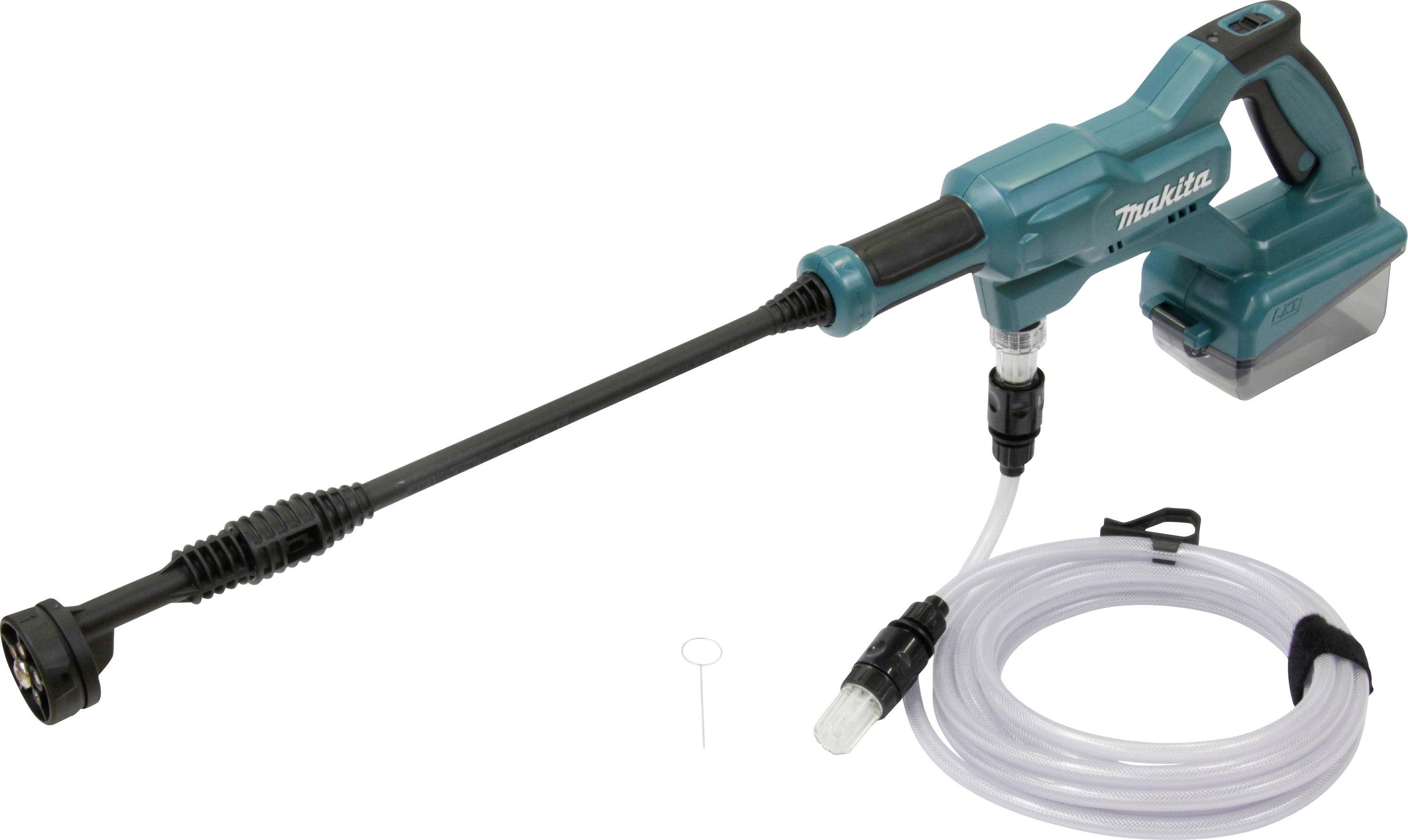 Un nettoyeur haute pression sans fil avec un long tuyau et une buse, idéal pour le nettoyage mobile sans raccordement d'eau fixe.