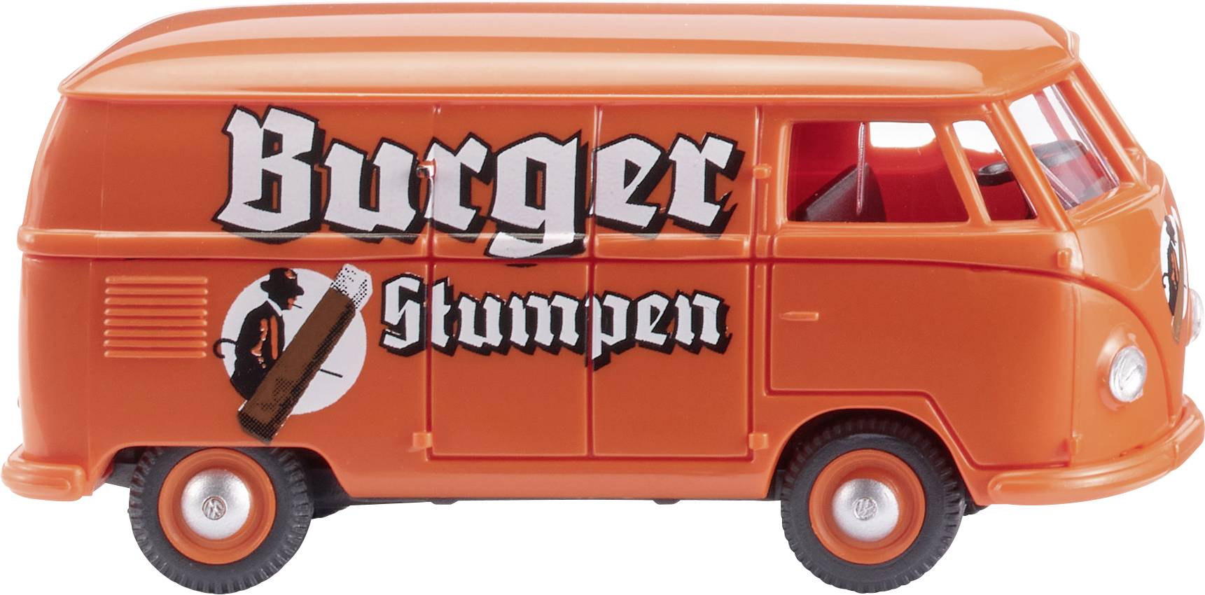 Modèle de camionnette orange portant l'inscription 'Burger Stumpen' et une image d'un fumeur de cigare sur le côté.