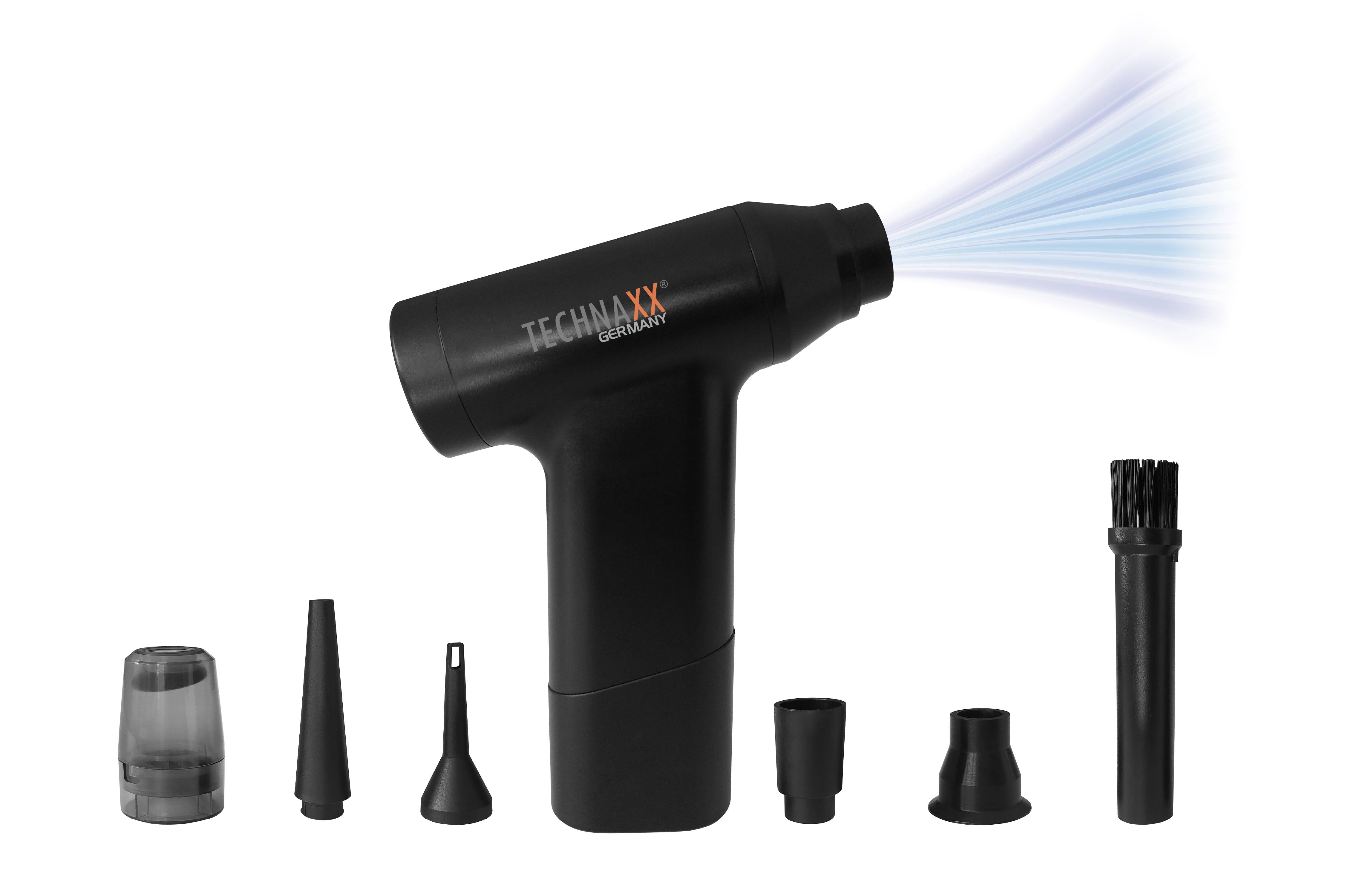 Nettoyeur pneumatique électrique avec plusieurs embouts de buses pour le nettoyage d'appareils ou de surfaces. Comprend un embout brosse.