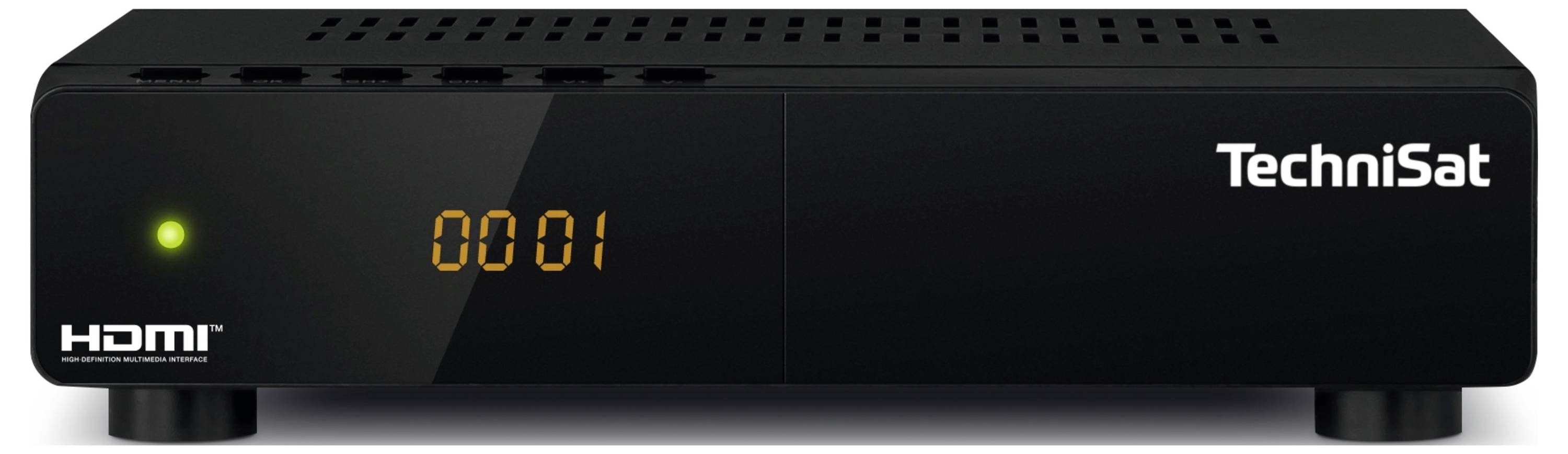 Un récepteur DVB noir TechniSat avec un affichage numérique '0001' sur le devant et un voyant LED vert allumé à gauche.