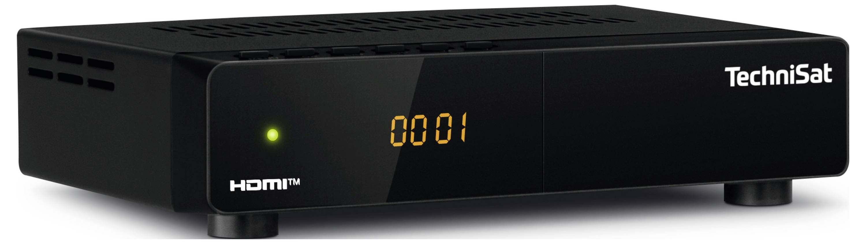 Récepteur Technisat noir avec voyant LED lumineux, affichant '0001'.