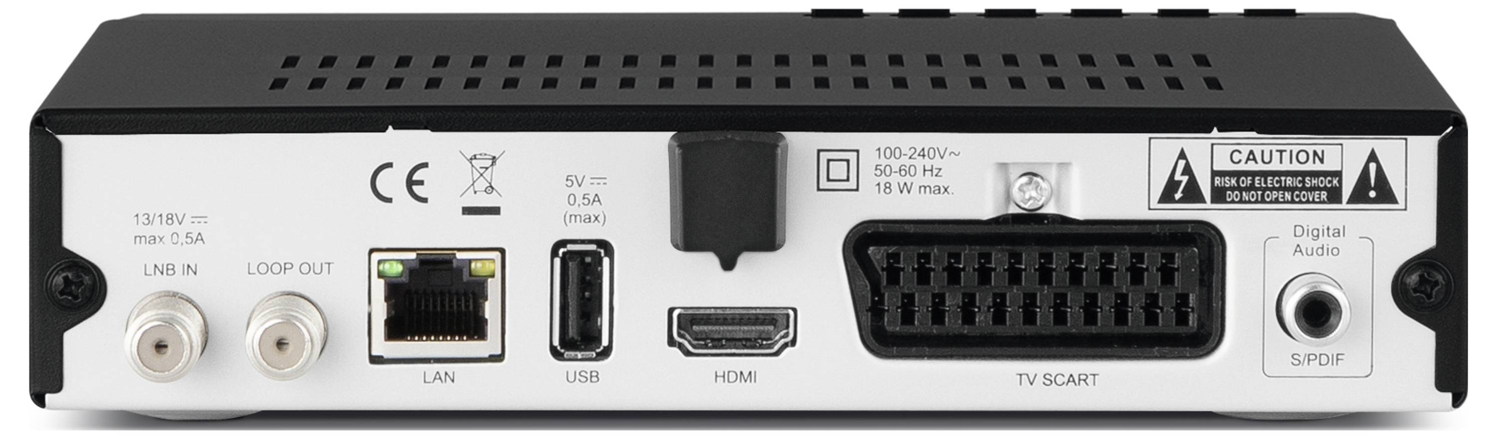 Arrière d'un appareil multimédia avec connexion LAN, USB, HDMI, SCART et sorties audio numériques.