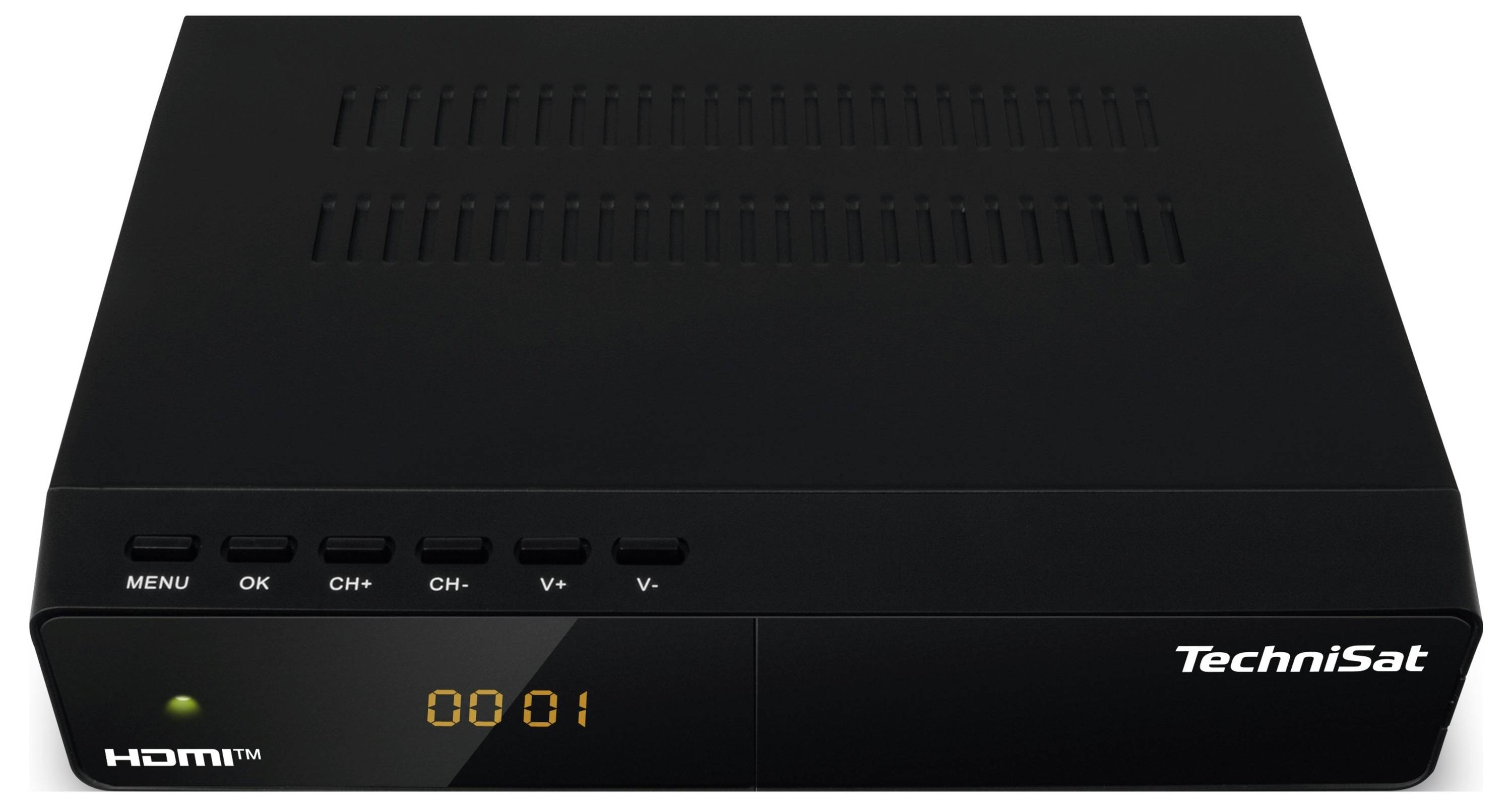Un récepteur DVB TechniSat noir avec des touches pour le menu, OK, le changement de chaîne et le réglage du volume. L'affichage LED indique '0001'.
