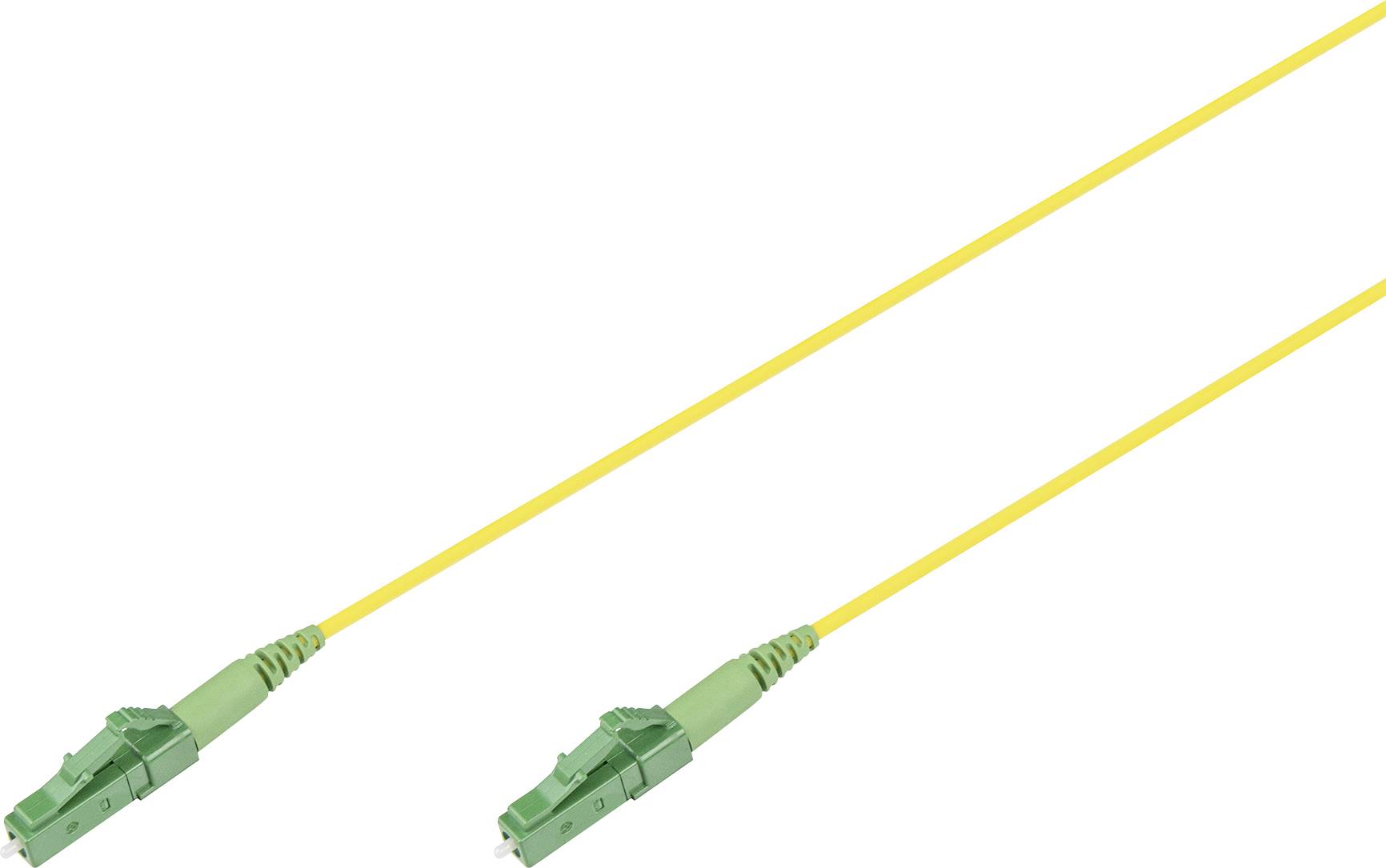 Câble à fibre optique avec deux connecteurs verts à chaque extrémité, câble jaune.