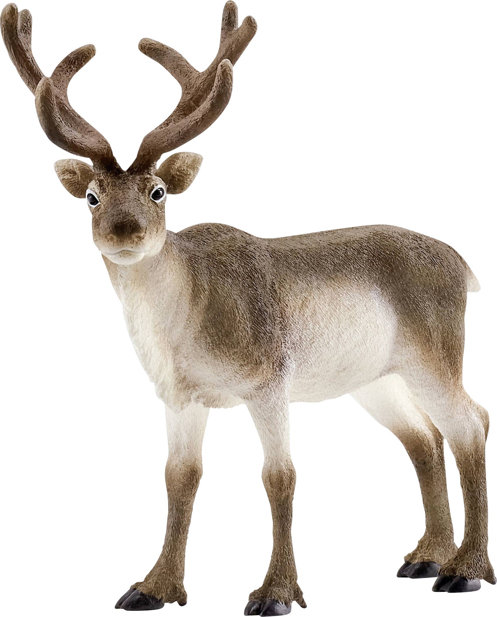 Un renne en plastique avec une fourrure brune et de grands bois se tient devant un fond blanc.