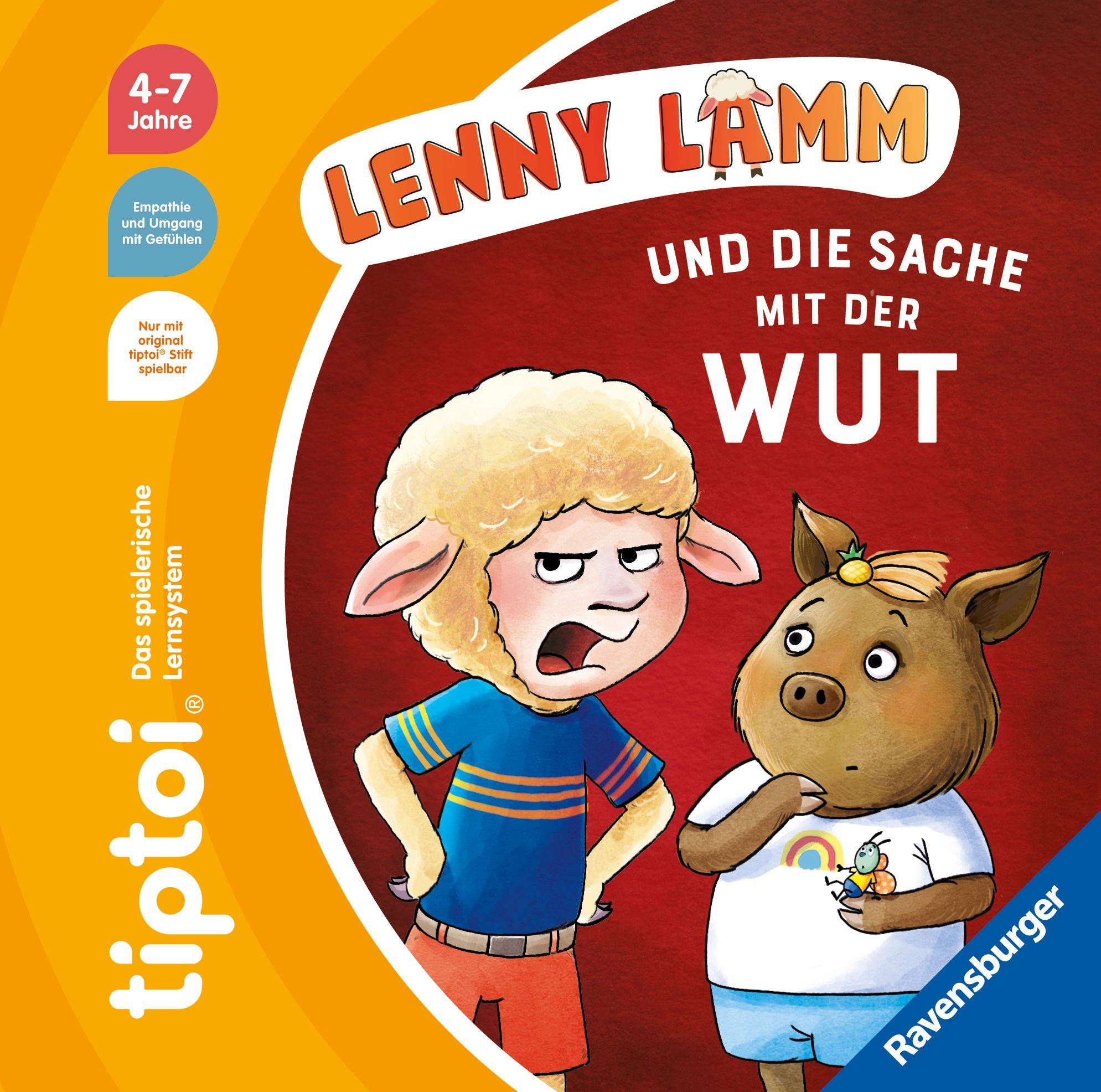 Couverture du livre « Lenny Lamm et l'histoire de la colère », montrant un agneau et un cochon, qui aborde la gestion des émotions pour les enfants de 4 à 7 ans.