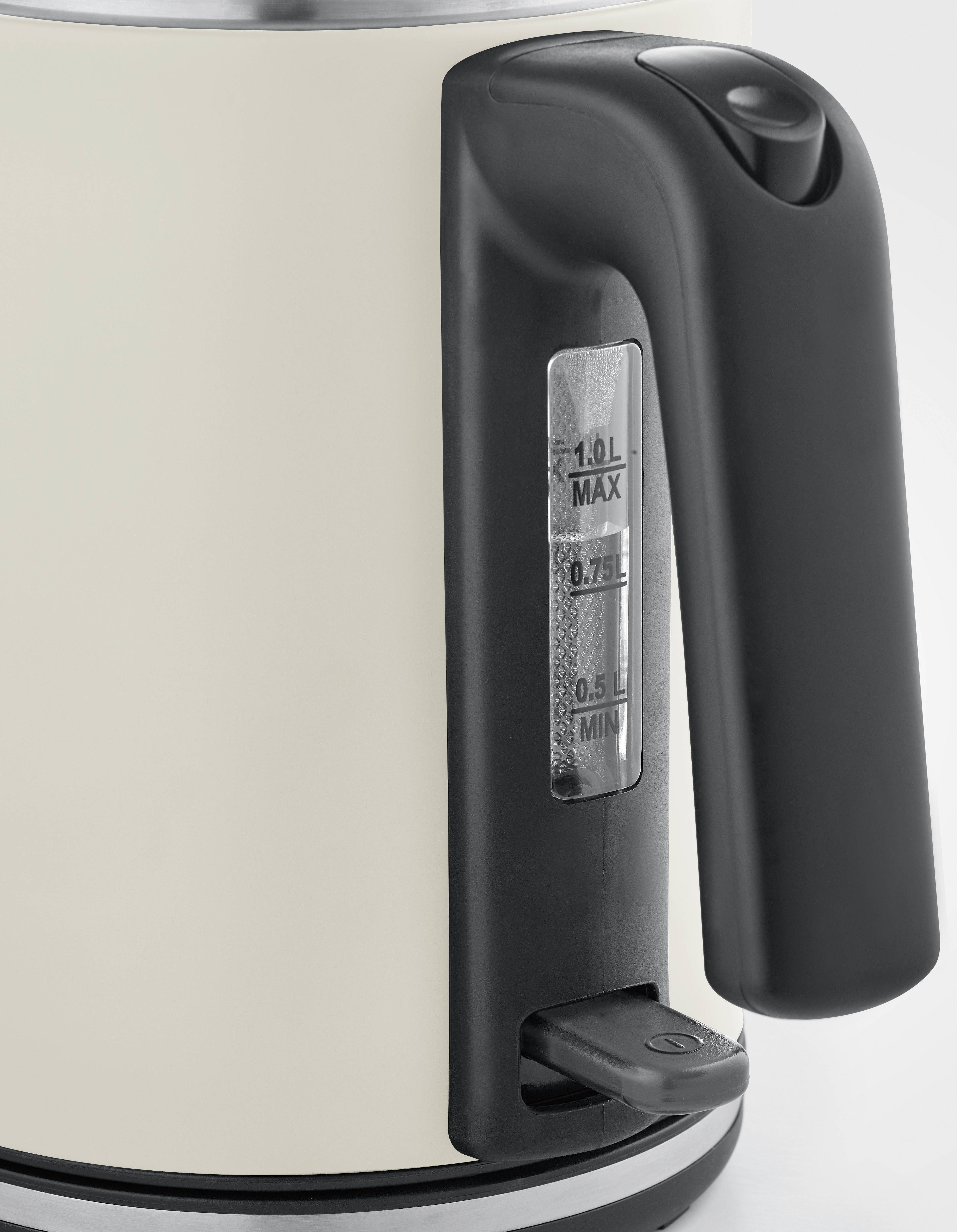 Bouilloire avec indicateur de niveau d'eau sur le côté et poignée noire. Volume maximal de remplissage de 1,0 litres.