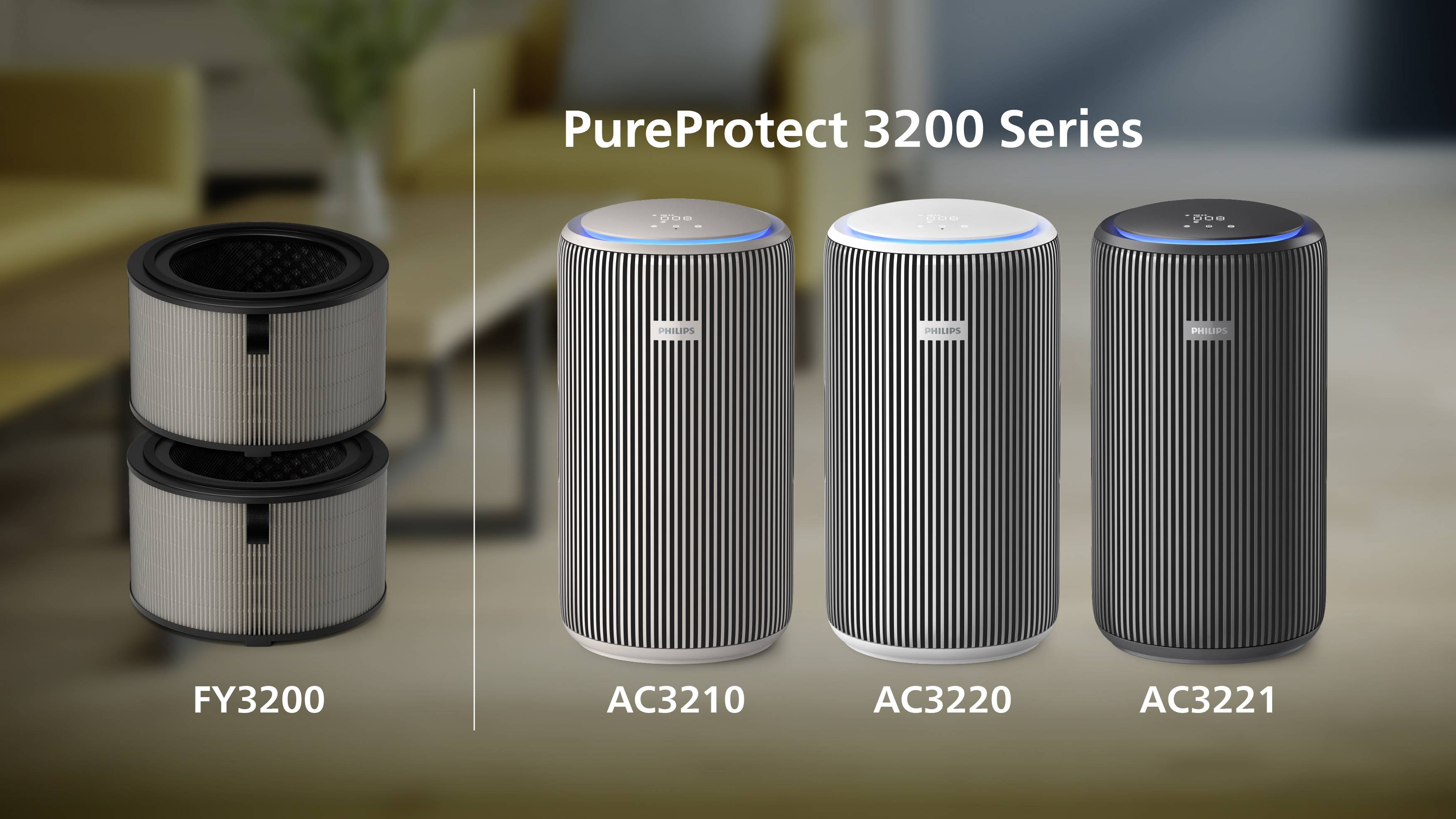 'Purificateur d'air de la série PureProtect 3200 avec trois modèles : AC3210, AC3220, AC3221. À gauche, deux filtres de rechange FY3200.'