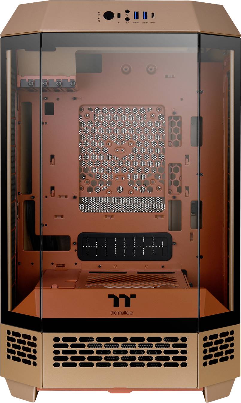 Un boîtier d'ordinateur couleur cuivre avec des parois latérales transparentes révèle un système de ventilation interne et des possibilités de connexion.
