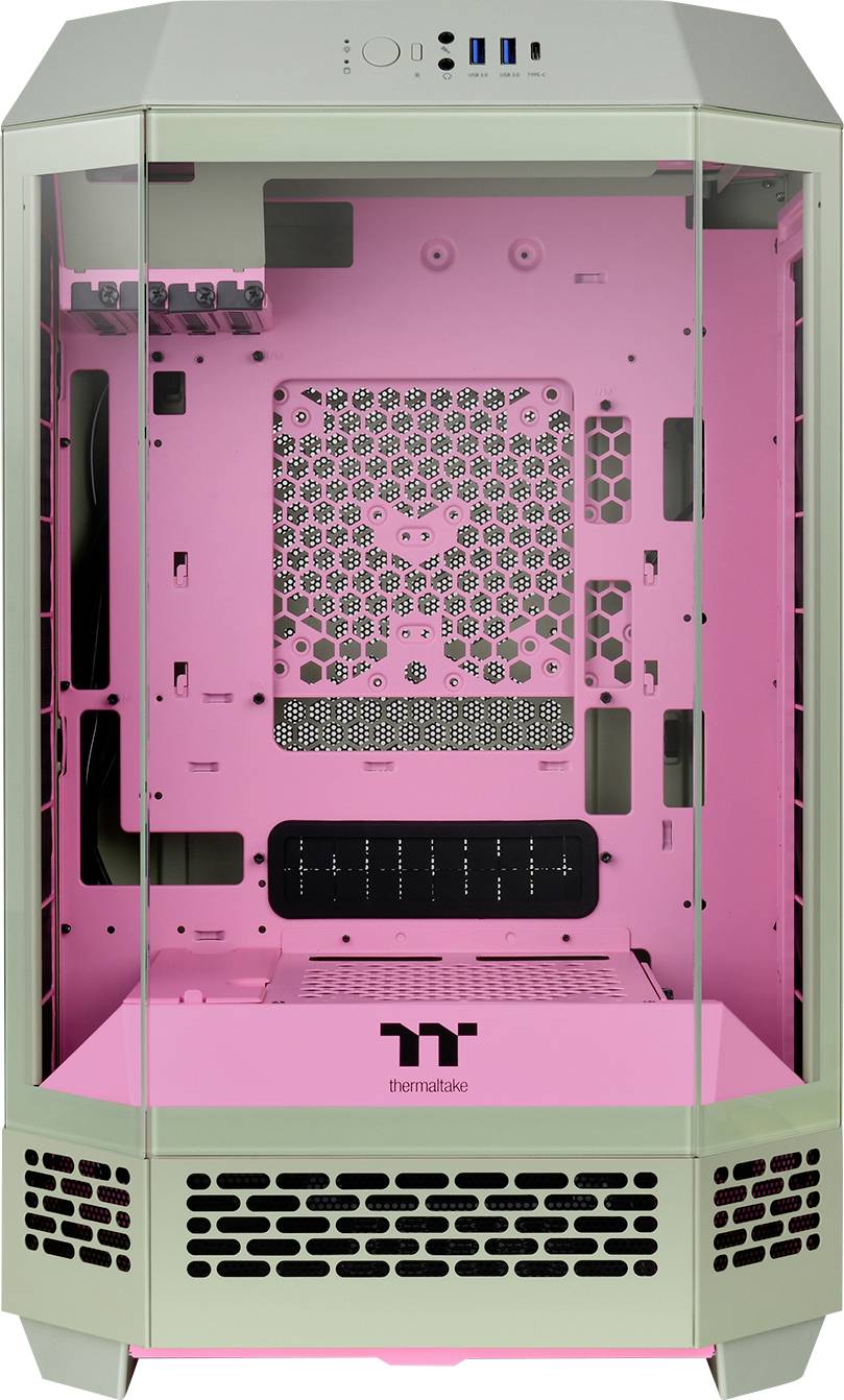 Boîtier PC Rose avec panneaux latéraux transparents. Compartiment principal pour composants, offrant de l'espace pour le refroidissement et la gestion des câbles.