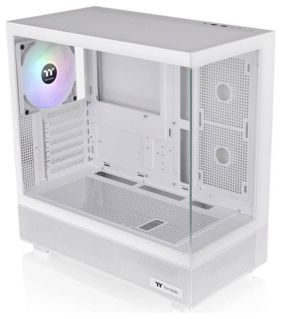 Un boîtier d'ordinateur blanc vide avec des ventilateurs colorés ; une figurine d'anime est décorativement placée à l'intérieur.