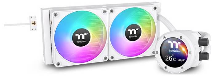 Refroidisseur de liquide avec deux ventilateurs lumineux, affichage numérique de la température indiquant '26°C Liquide', adapté pour le refroidissement de PC.