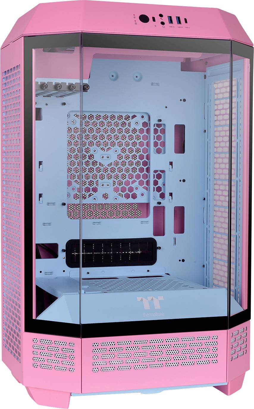 Un boîtier d'ordinateur rose avec des parois en verre qui révèle sa structure interne ; idéal pour les passionnés de montage PC, offrant une excellente ventilation.
