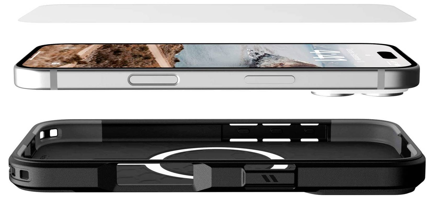 Smartphone et coque en pièces détachées : la face avant montre un paysage, coque avec anneau magnétique, film de protection.