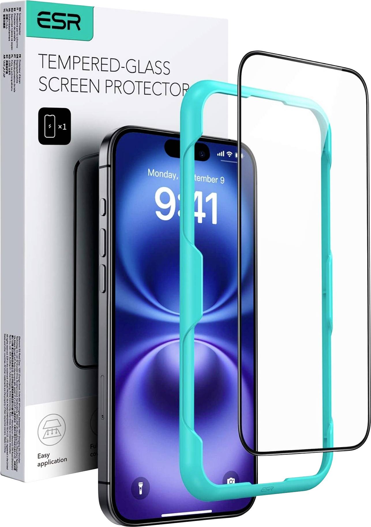 Un téléphone portable avec un film de protection bleu, à côté d'un emballage portant l'inscription « PROTECTION D'ÉCRAN EN VERRE TREMPÉ ».