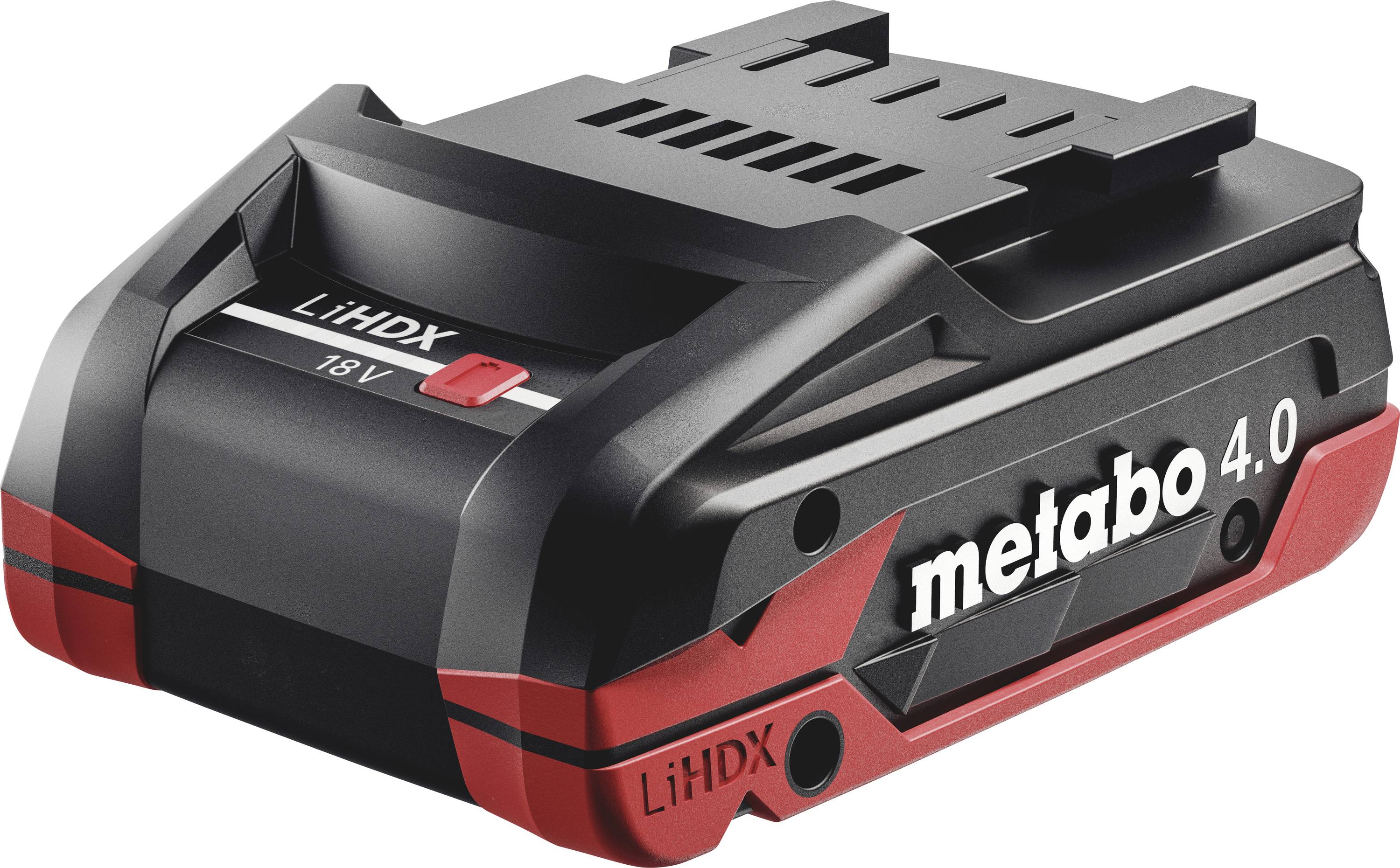 Pack batterie Metabo LiHD 18V, noir-rouge, avec une capacité de 4,0 Ah et indicateur de performance, adapté aux outils électriques.