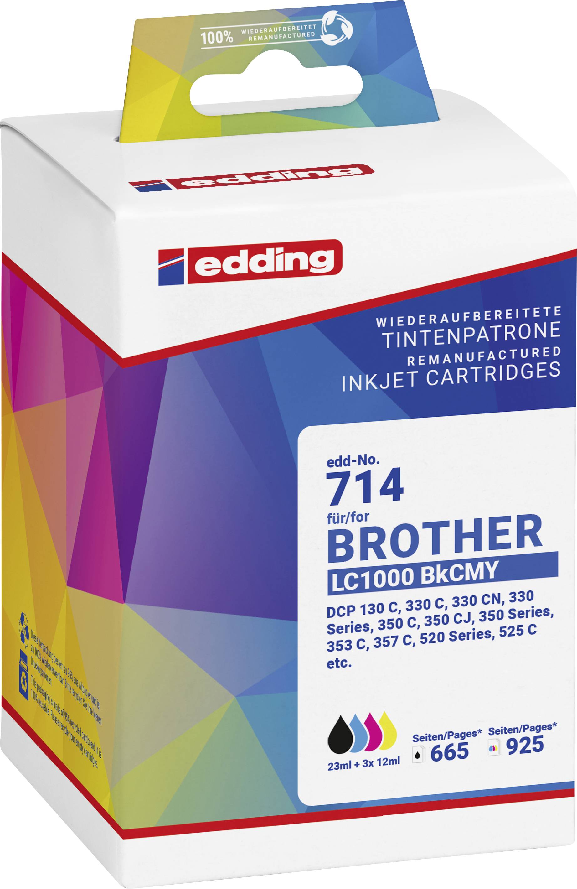 Cartouche d'encre rechargée Edding 714 pour imprimantes Brother, modèles : DCP 130-395, MFC 230-440, remplace LC1000 BKcMY. 23 ml.