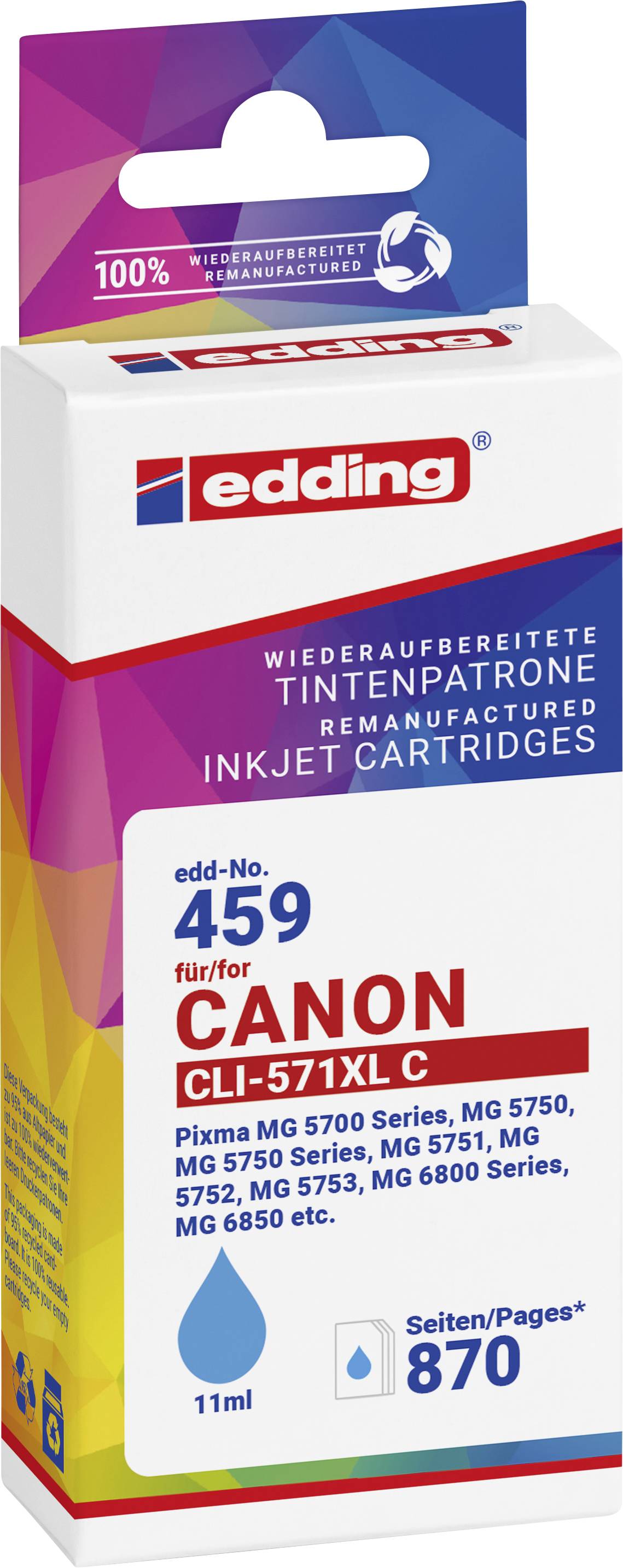 Edding Encre remplace Canon CLI-571XL compatible cyan EDD-459 18-459-01