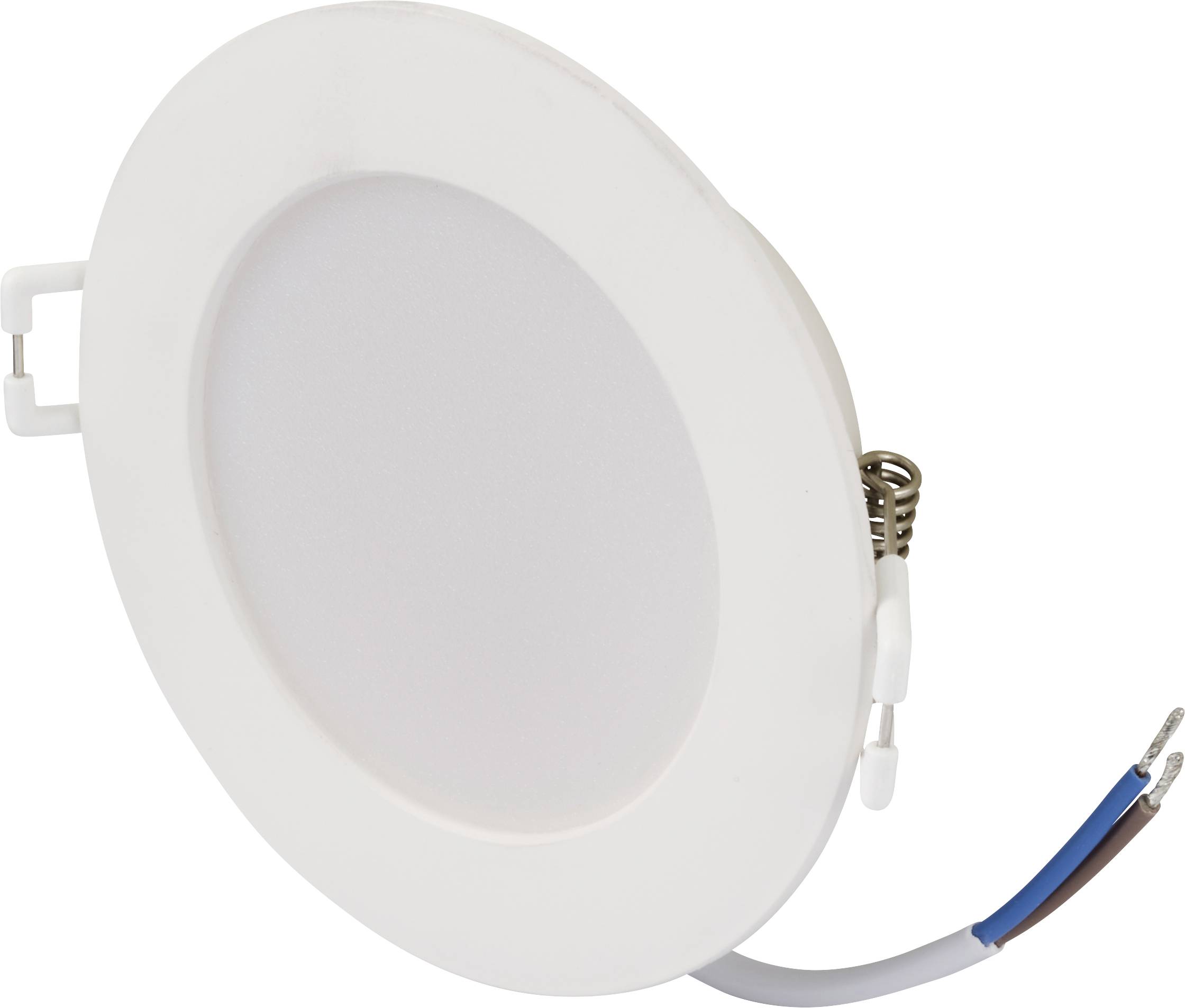 Luminaire LED circulaire et plat avec cadre blanc et câble de raccordement, adapté pour une installation encastrée au plafond ou au mur.