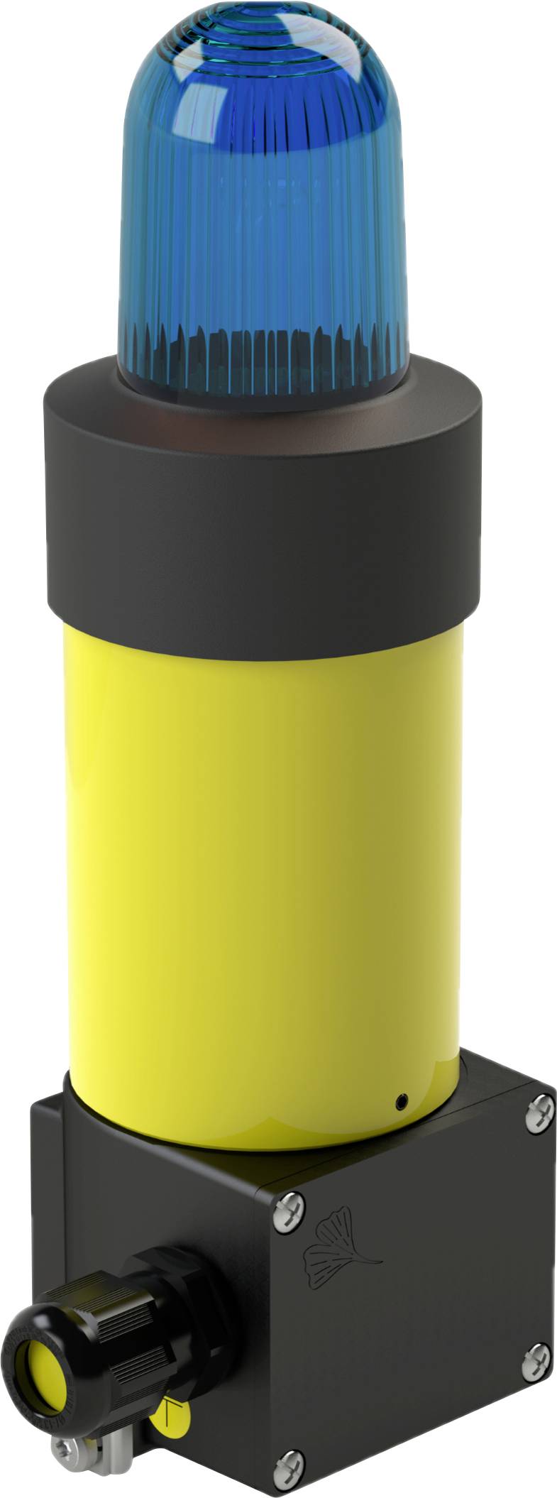 Lampe de sécurité jaune avec un dôme bleu au sommet, montée sur un socle rectangulaire noir.