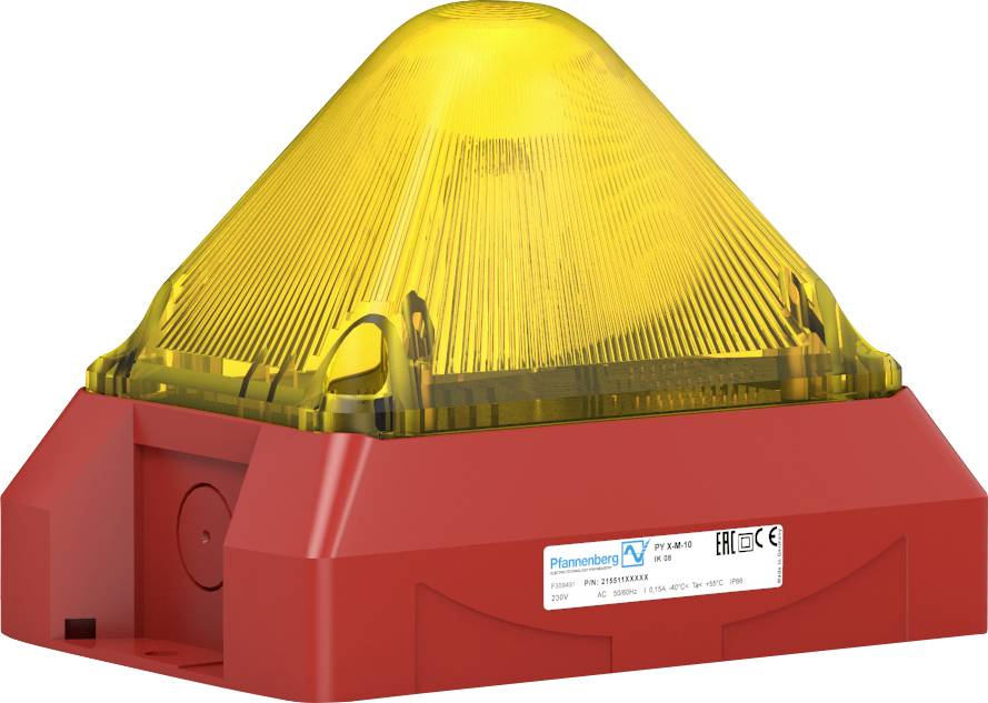 Un voyant lumineux jaune sur un boîtier rectangulaire rouge, adapté aux applications industrielles d'avertissement ou de sécurité, portant le marquage CE.
