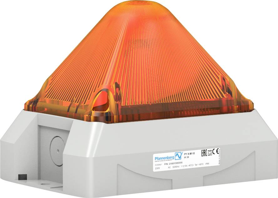 Un voyant orange sur un boîtier blanc muni d'une étiquette avec des spécifications techniques. Il signale un possible alarme ou danger.
