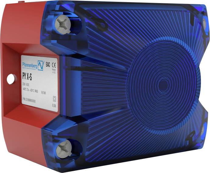 Un dispositif électronique avec un boîtier rouge et bleu, marqué 'PY X-S' et portant des spécifications. Des vis de fixation sont visibles sur la gauche.