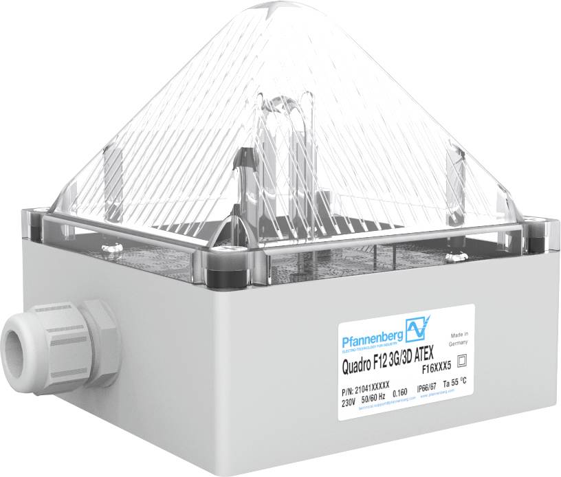 Un émetteur de signal pyramidal de Pfannenberg portant l'inscription 'Quadro F12 3G 3D ATEX' sur sa face avant.
