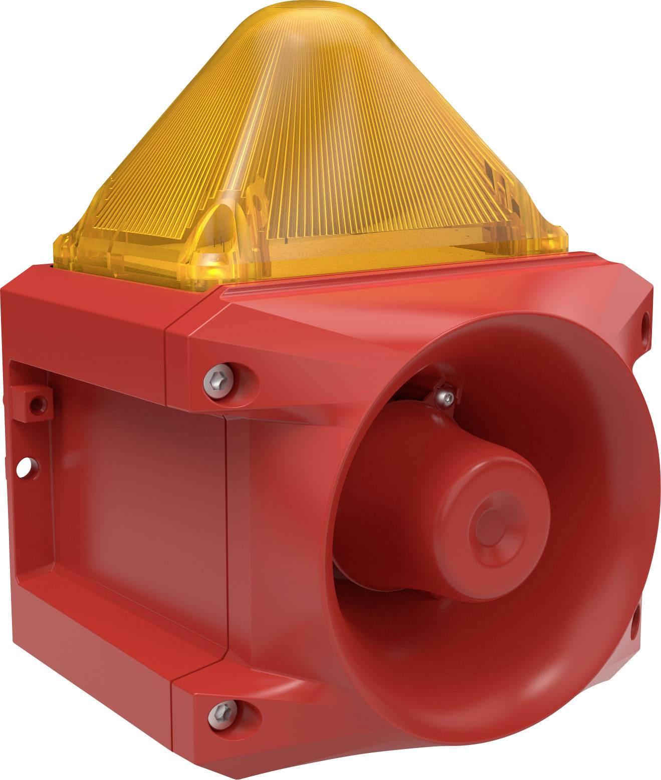 Système d'alarme rouge avec haut-parleur et gyrophare jaune sur le dessus, pour les avertissements d'urgence dans les zones de sécurité.