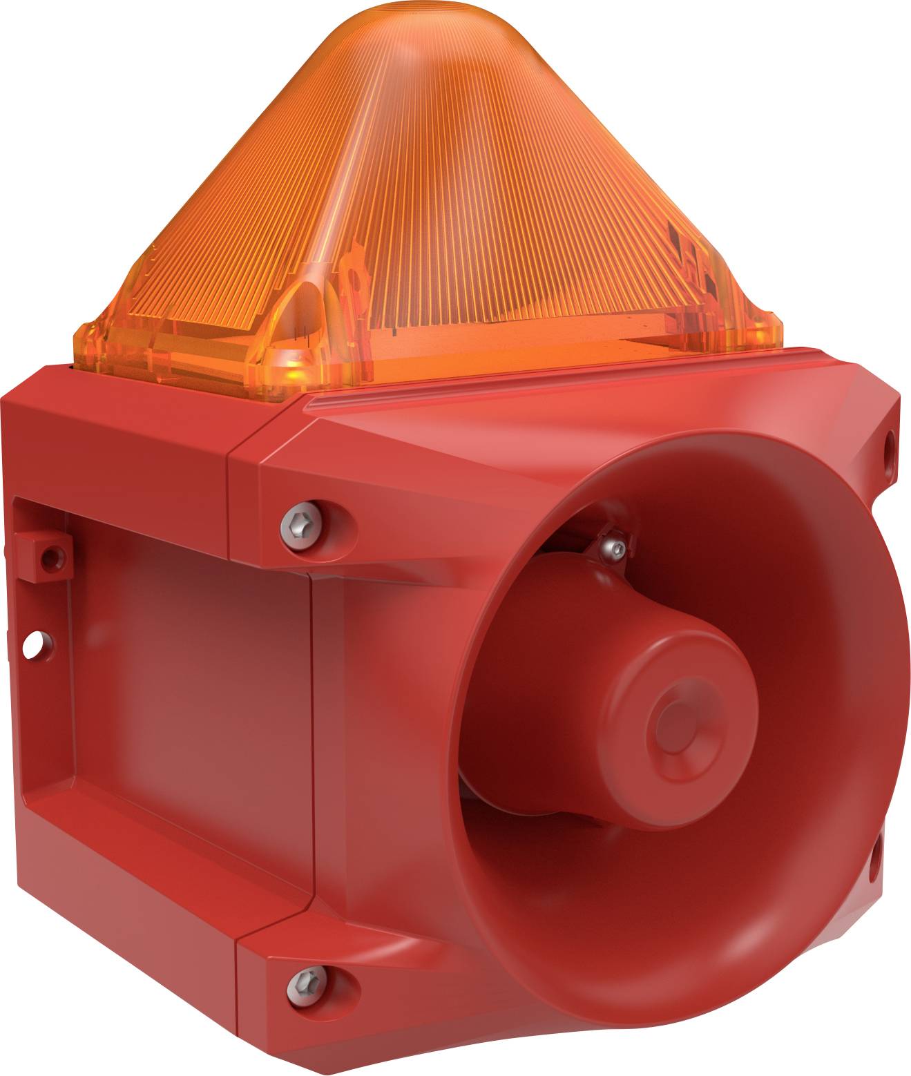 Sirène rouge avec un dispositif lumineux orange, dispositif d'alarme utilisé pour avertir ou signaler des situations d'urgence.